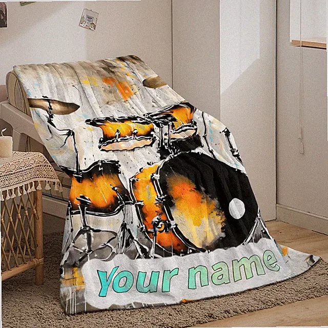 1pc Customizable Drum Set Flannel Blanket, Soft, Warm, Lightweight Polyester T