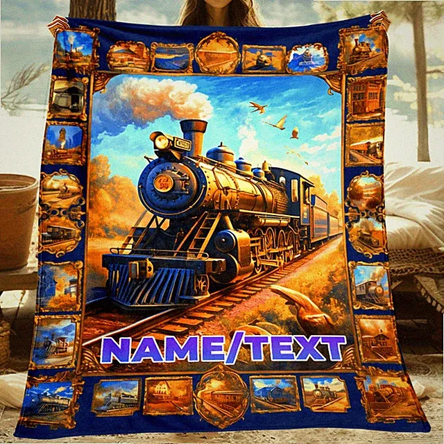 1pc Customizable Train Design Fleece Throw Blanket - Soft, Warm, and Featherle