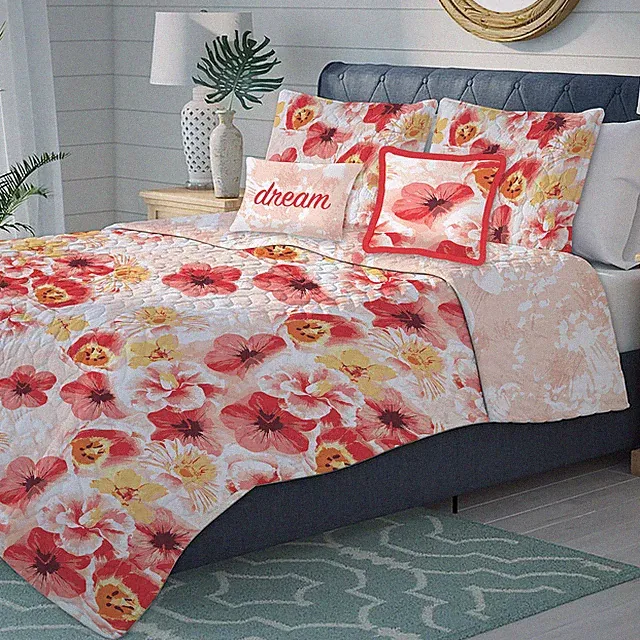 Antonia Oversized 5-Piece Floral Reversible Quilt Set, Orange