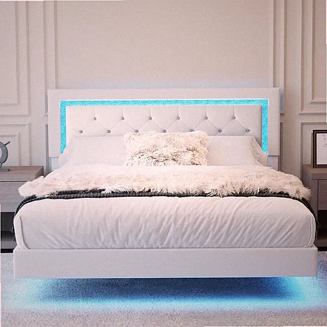 Bed frame with LED lights, diamond tufted headboard, and cushion