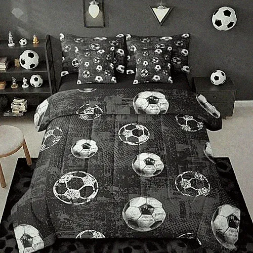 Boys 3D Soccer Comforter Set with Sheets Size 7 Pieces Queen Black White Grey