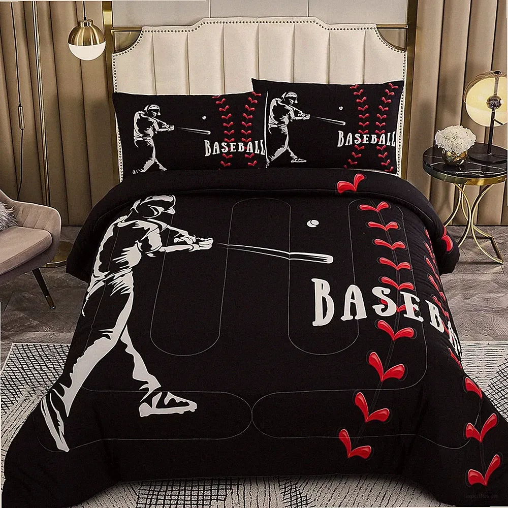 Boys Baseball Bedding Set Full Comforter Black Sports Theme Kids Bedroom