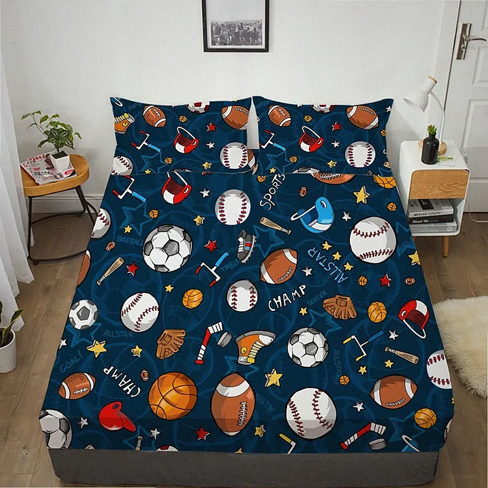 Boys Sports Fitted Full Size 3D Soccer Basketball Baseball Football Bedding f...