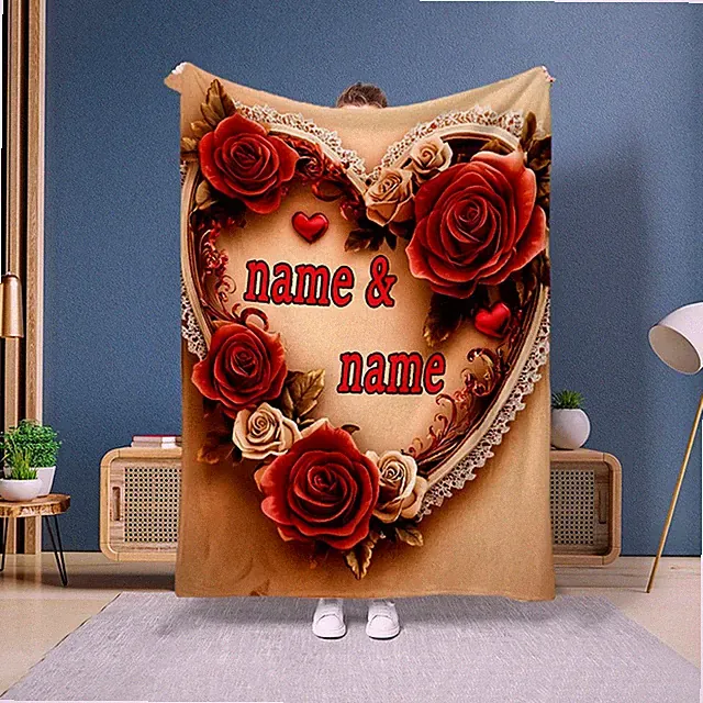 Customizable Love Heart Blanket, Knitted Flannel, Digital Print Throw Blanket√