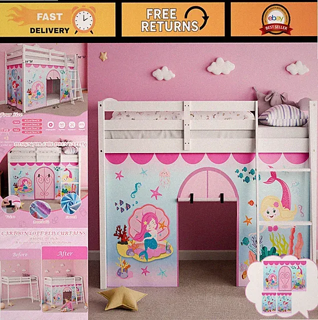 Customizable Mermaid Bunk Bed Curtains - 3PCS Cartoon Loft Bed Set for Kids