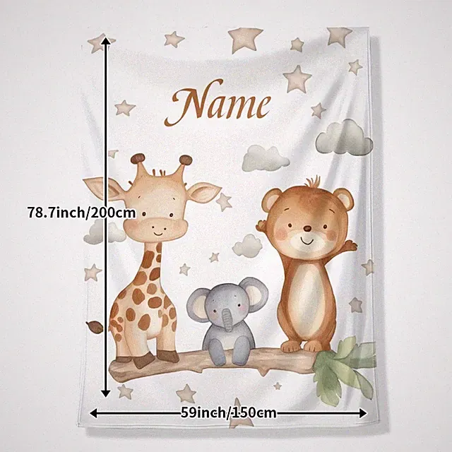 Customizable Name Blanket - Cute Giraffe, Bear & Elephant Pattern, Soft Warmth