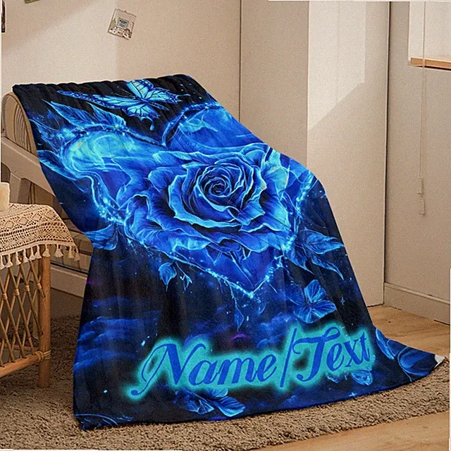 Customizable Name Elegant Blue Rose and Butterfly Flannel Throw Blanket, Digit