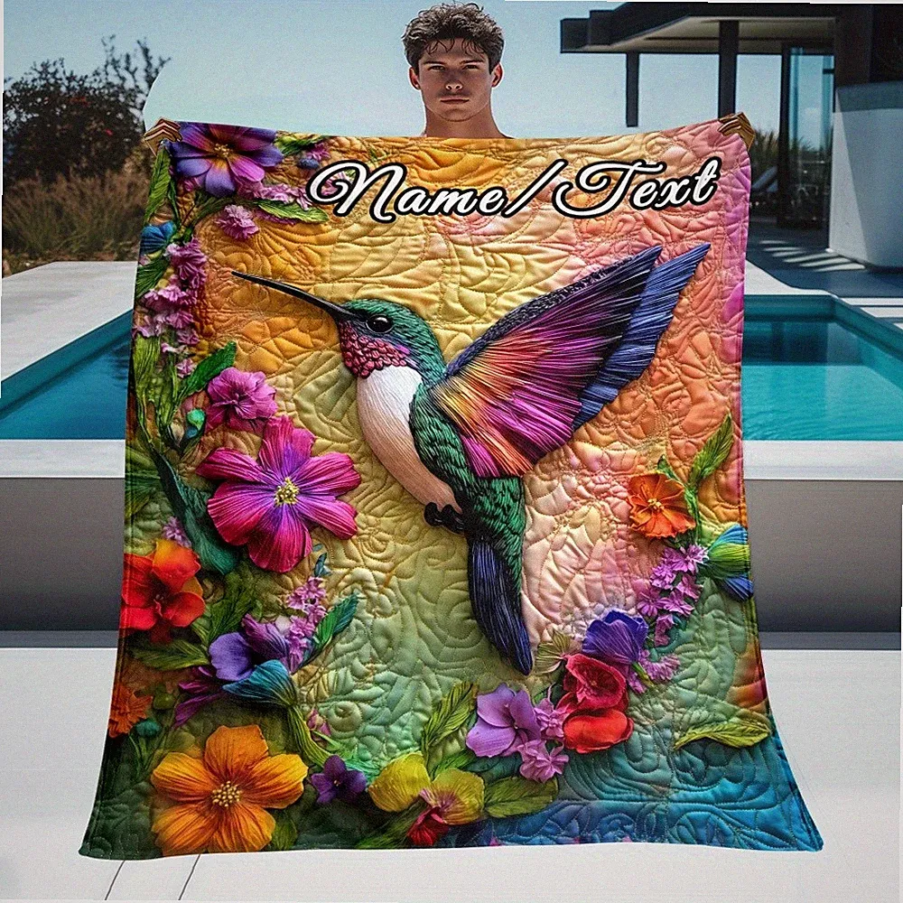 Customizable Name Hummingbird Blanket - Vibrant Floral Design, Lightweight Fla