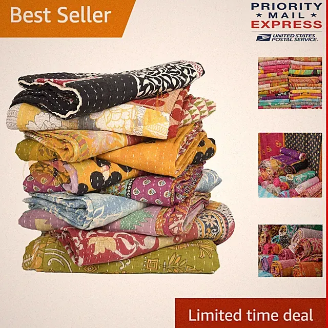 Elegant Vintage Kantha Quilts - Assorted Floral Cotton Bed Cover - Twin Size