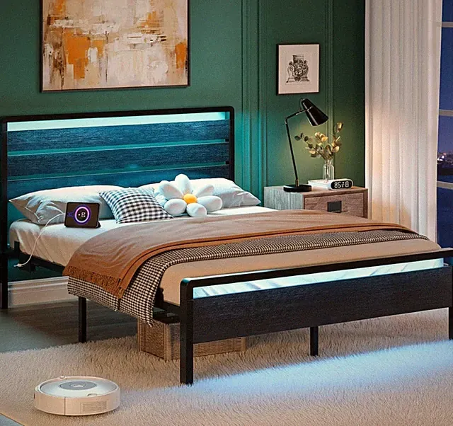 Modern Queen Bed Frame with LED Headboard, Storage & Charging Ports, Black