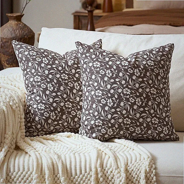 Neutral Floral Pillow Covers 18x18 Set of 2, Vintage Block Print Throw Pillow Co